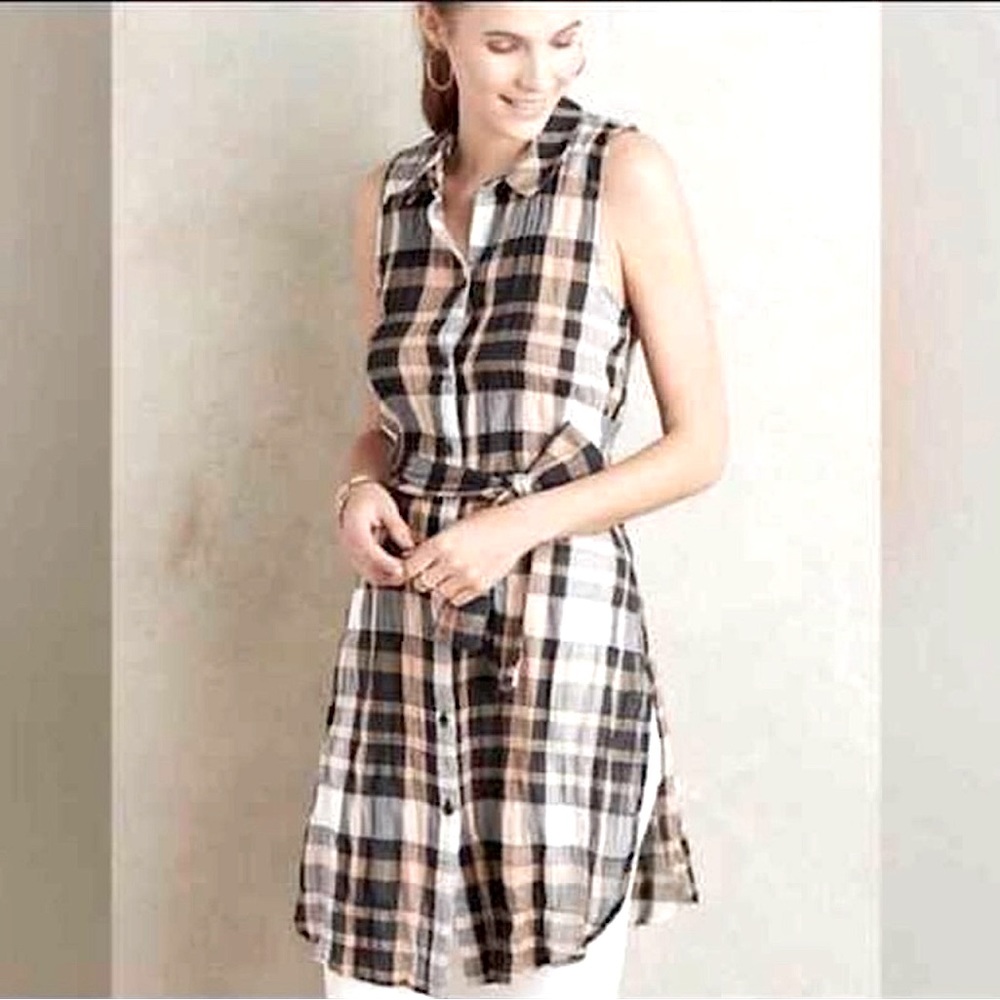 Anthropologie Plaid Button Down Shirt Dress - Black, White, Tan